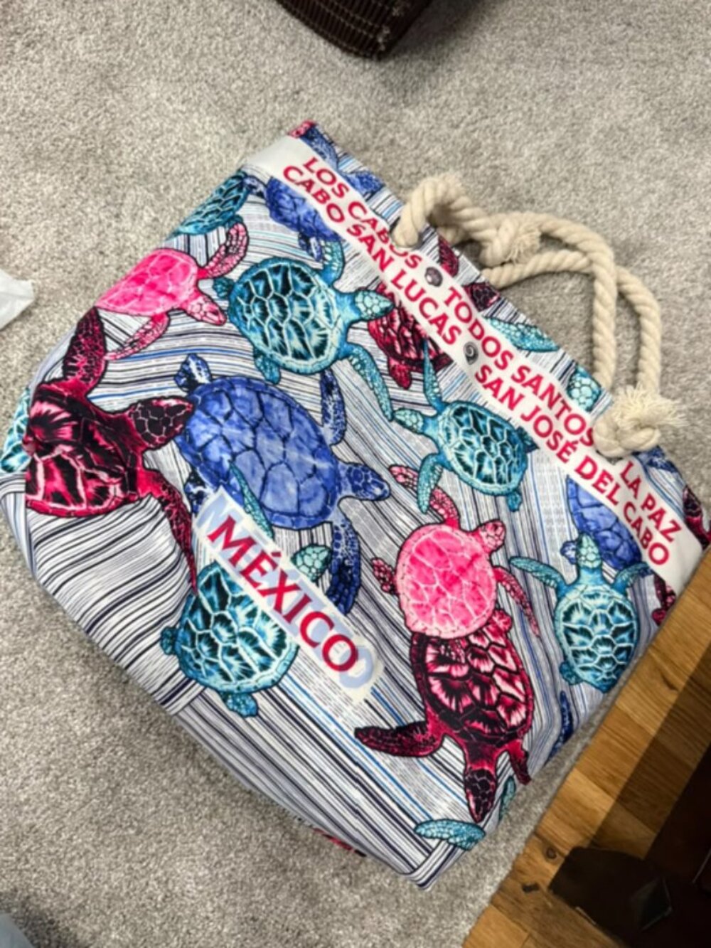 Mexico Sea Turtle Print Canvas Rope Handle Beach Tote Bag Los Cabos
